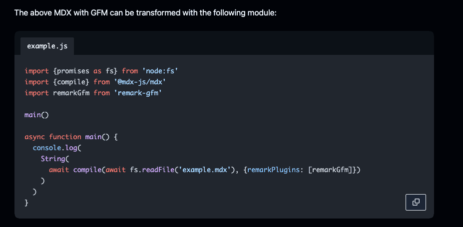 This is a codeblock on MDX website