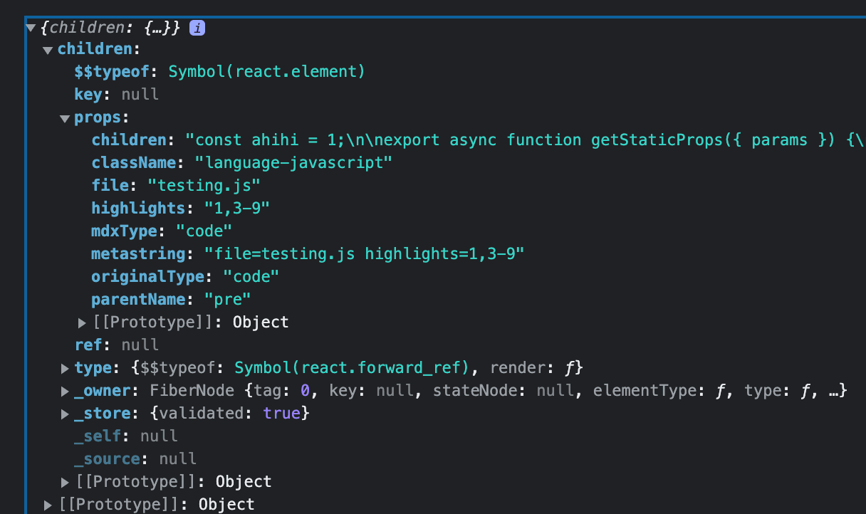 [console.log(props) from the custom codeblock